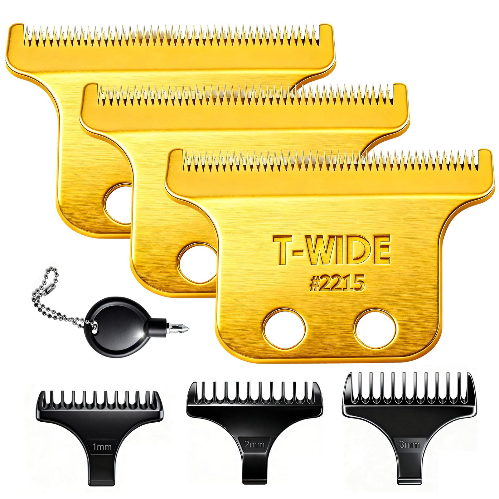2PCS 2215 Replacement T Wide Blades Compatible with Wahl 5 Star Detailer Li Trimmer(8081) and (8171) - Adjustable Stainless-steel Zero-Gap Trimmer Blade ((3PCS-Gold)