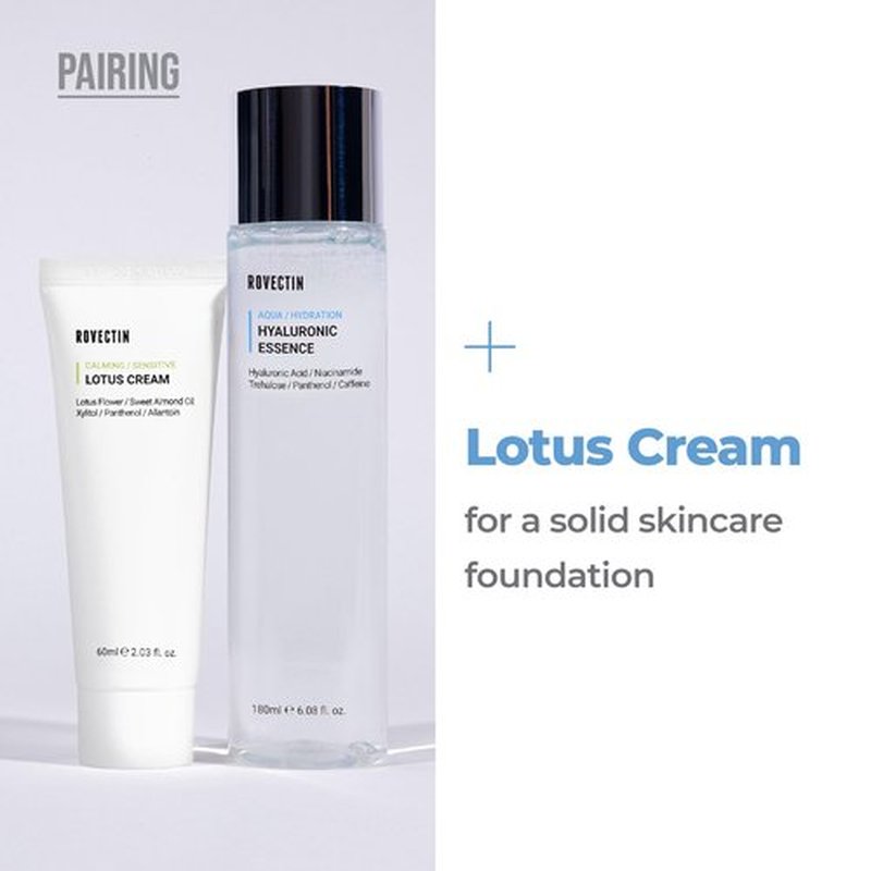 ROVECTIN 2-Step Hydrating & Calming Set – Aqua Hyaluronic Essence & Calming Lotus Cream with Niacinamide, Deep Moisturizing, Plumping, and Soothing Daily Routine, Vegan Korean Skincare Set