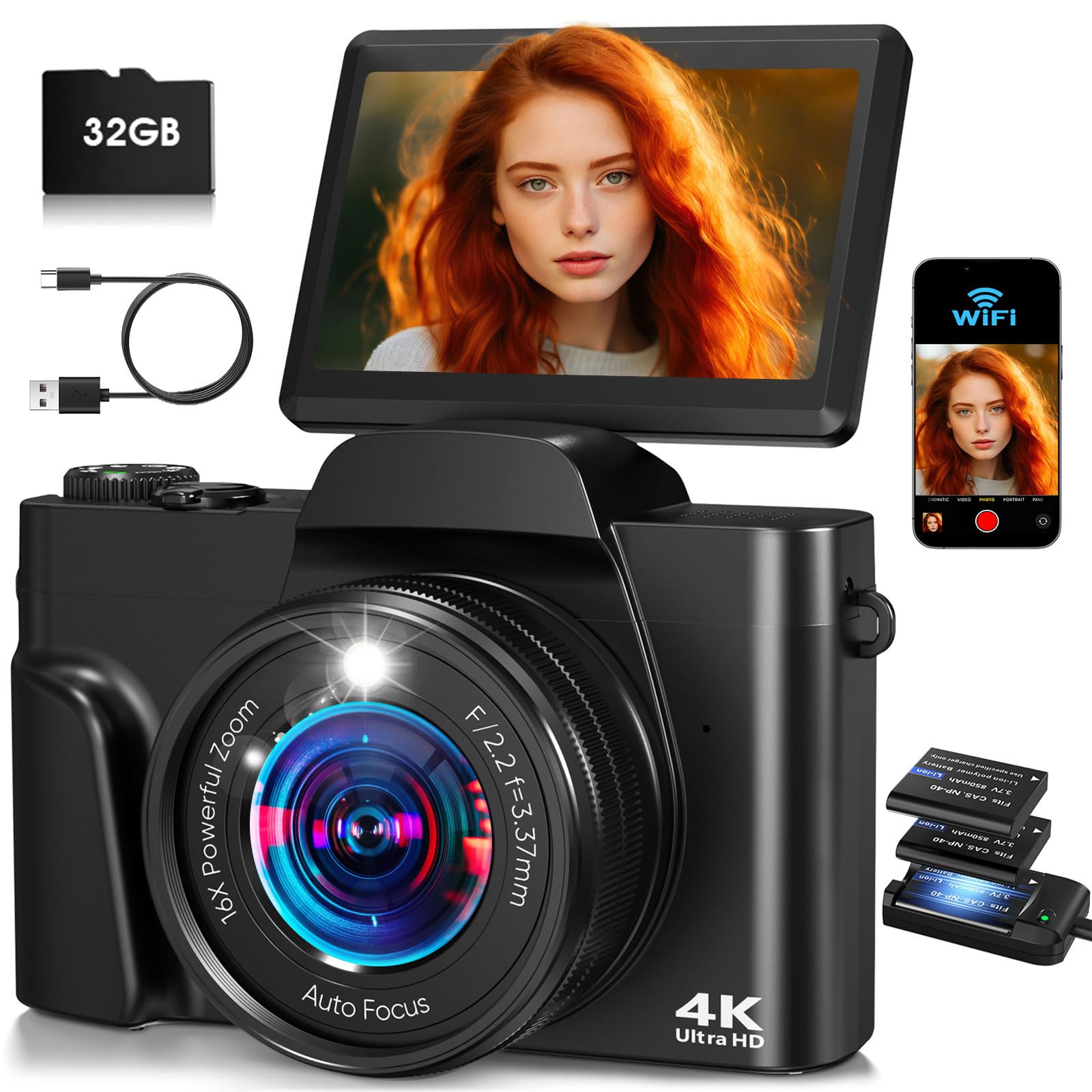 4K Digital Camera for Photography, 16X Zoom Autofocus 64MP WiFi Compact Travel Camera, Vlogging Camera for YouTube, 3'' 180° Flip Screen for Beginners&Boys&Girls, 2 Batteries, 32GB Card, Black