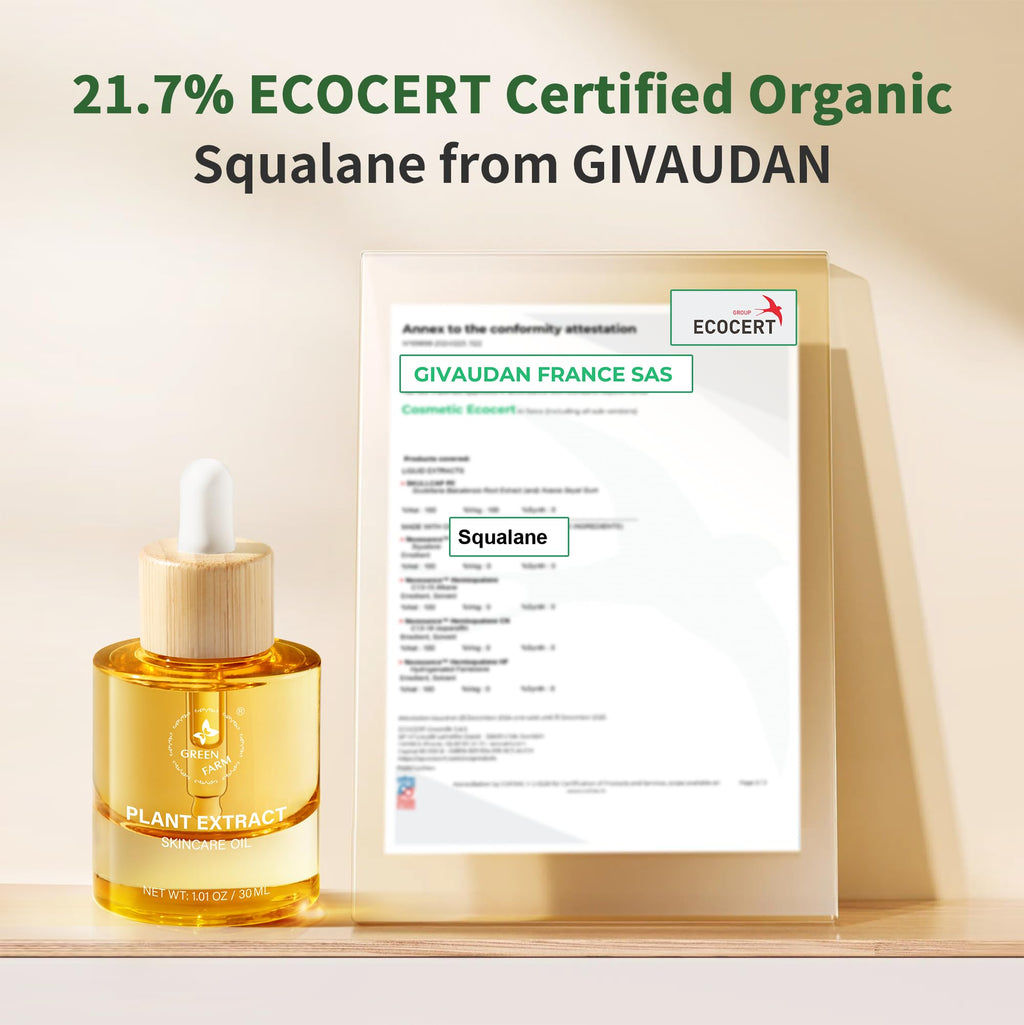 GREEN FARM Face Oil with 21.7% ECOCERT Organic Squalane & Vitamin C - Plant-Based, Non-Greasy Facial Oil for Dry, Sensitive Skin - Anti-Aging, Brightening, Gua Sha Oil, 1 fl oz