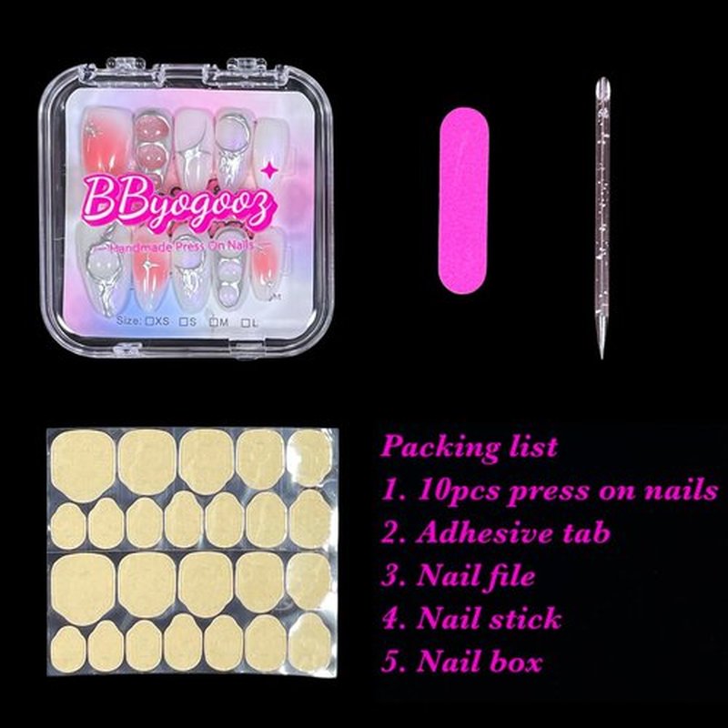 Handmade Press on Nails 3D Metal Style Medium Almond Shape Silver Sweet Cool Designs Reusable Acrylic False Nails (Silver, M)