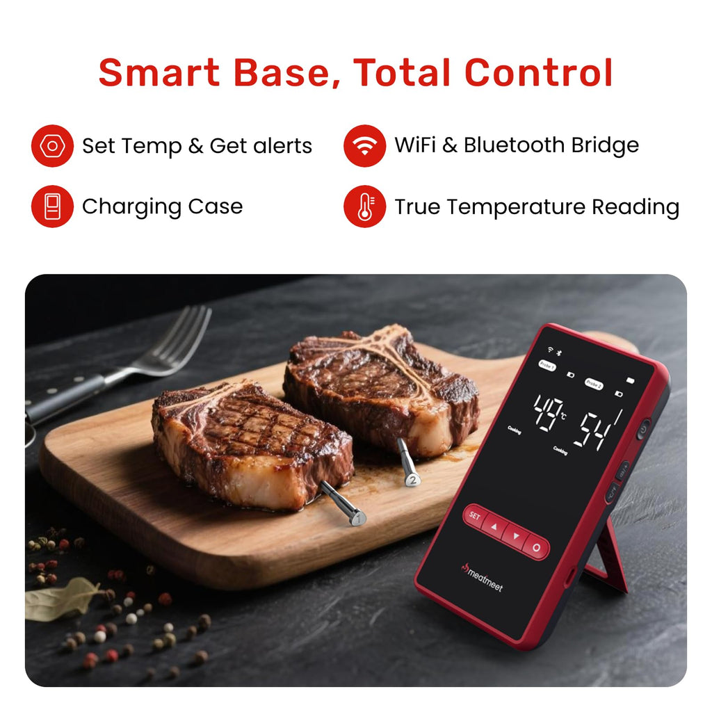 Meatmeet Wireless Bluetooth Meat Thermometer Digital, Standalone Base, WiFi Unlimited Range, AI guided cooking, 6 Sensors with ± 0.18°F Accuracy, 2 Probes for Kitchen, BBQ, Grill, Oven, Smoker (X Pro)