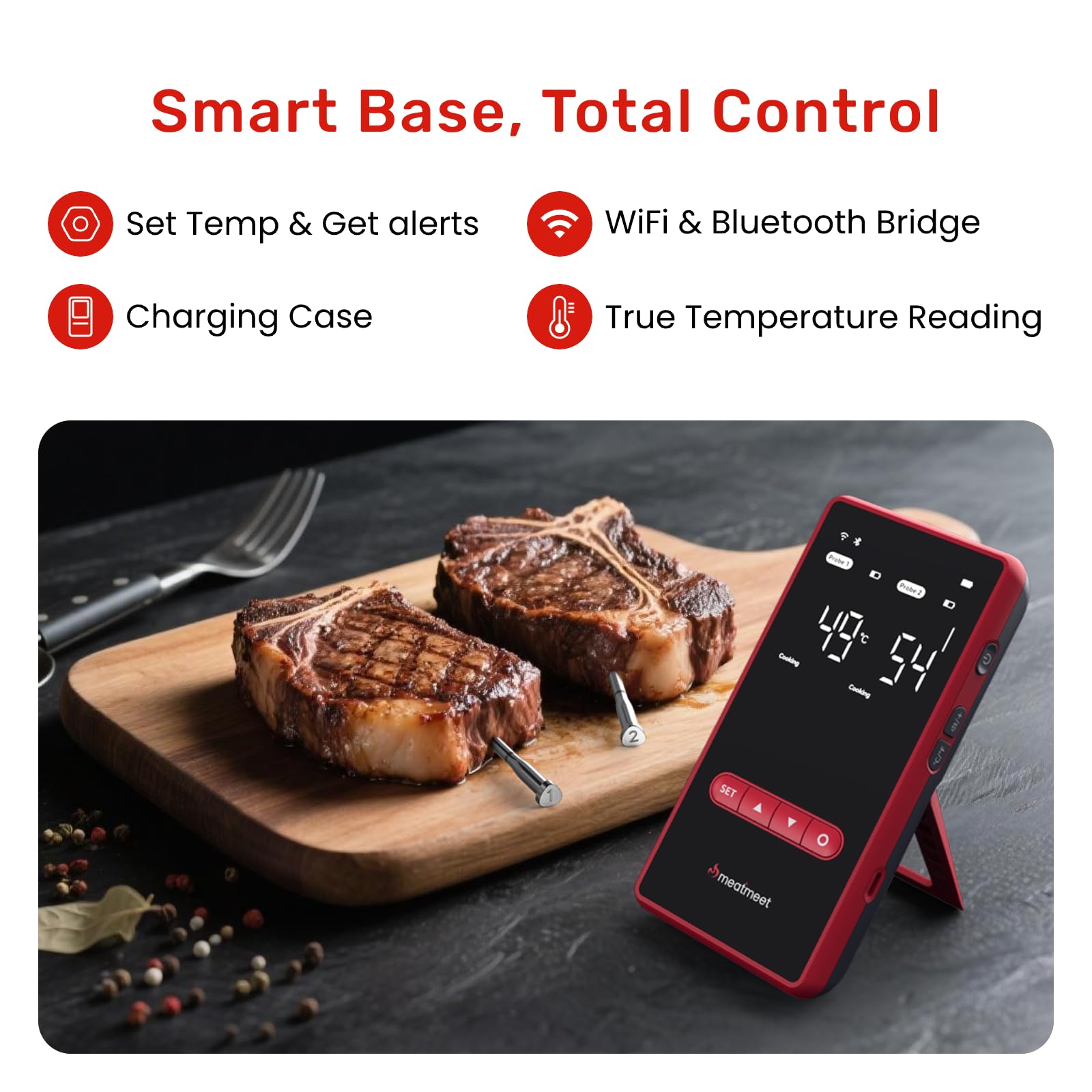 Meatmeet Wireless Bluetooth Meat Thermometer Digital, Standalone Base, WiFi Unlimited Range, AI guided cooking, 6 Sensors with ± 0.18°F Accuracy, 2 Probes for Kitchen, BBQ, Grill, Oven, Smoker (X Pro)