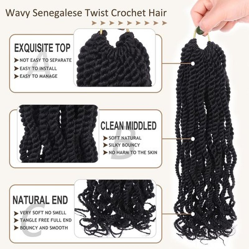 Kachanaa 14 Inch Wavy Senegalese Twist Crochet Hair 8 Pack Synthetic Short Pre Looped Kids Crochet Braids with Curly Ends Pre Twisted Small Havana Twist Braiding Hair for Black Women 1B#