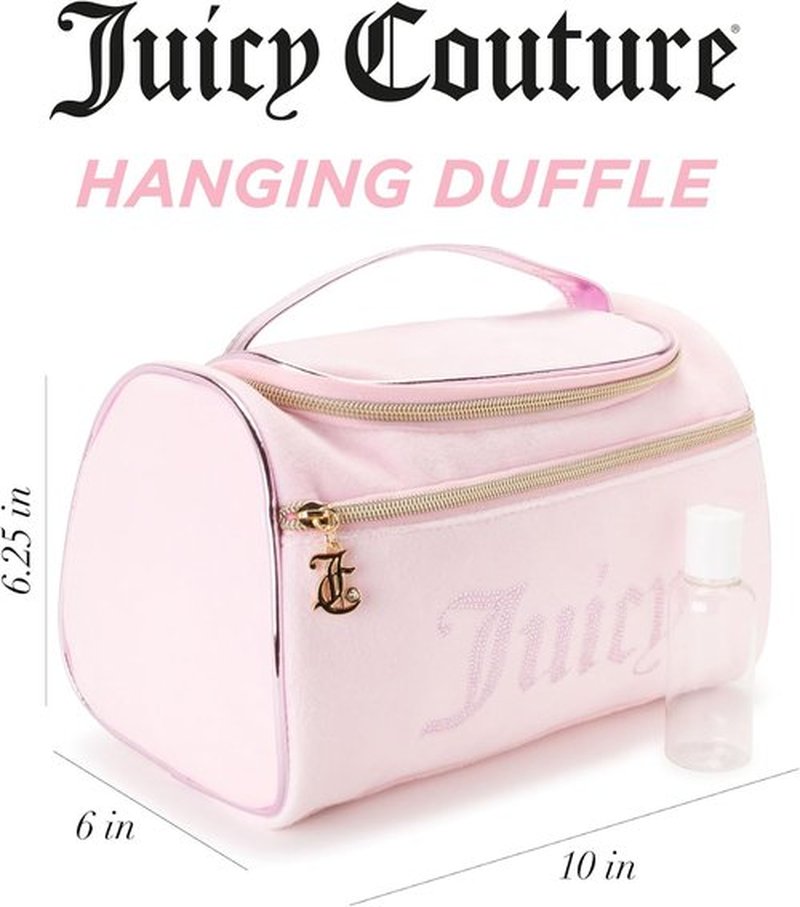 Juicy Couture Pink Makeup Bag - Velour Cosmetics Organizer with Rhinestones for Travel Essentials
