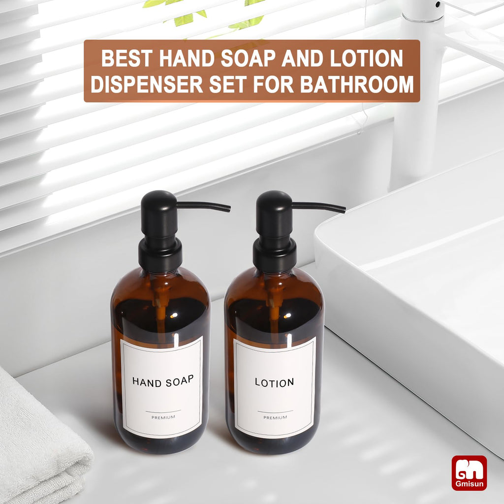 GMISUN Amber Glass Soap Dispenser, 4 Pack Bathroom Hand Soap Dispensers with Stainless Steel Pump, 17 Fl Oz Kitchen Hand and Dish Soap Dispenser Set, Modern Vintage Liquid Brown Soap Dispensers Bottle