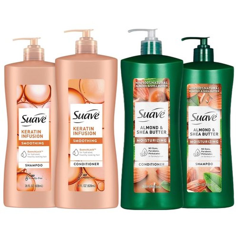 Suave Shampoo and Conditioner Set, Keratin Infusion + Almond & Shea Butter – Frizz Control and Moisturizing Hair Care Bundle, 28 Oz Ea (4 Piece Set)