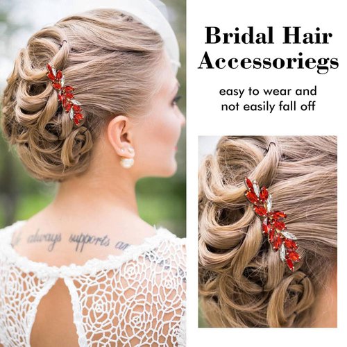 Dizila 7 Pieces Decorative Red Party Prom Wedding Bridal Rhinestone Hair Side Comb+U-shaped Hair Pins Accessories for Women Girls Brides Bridesmaids