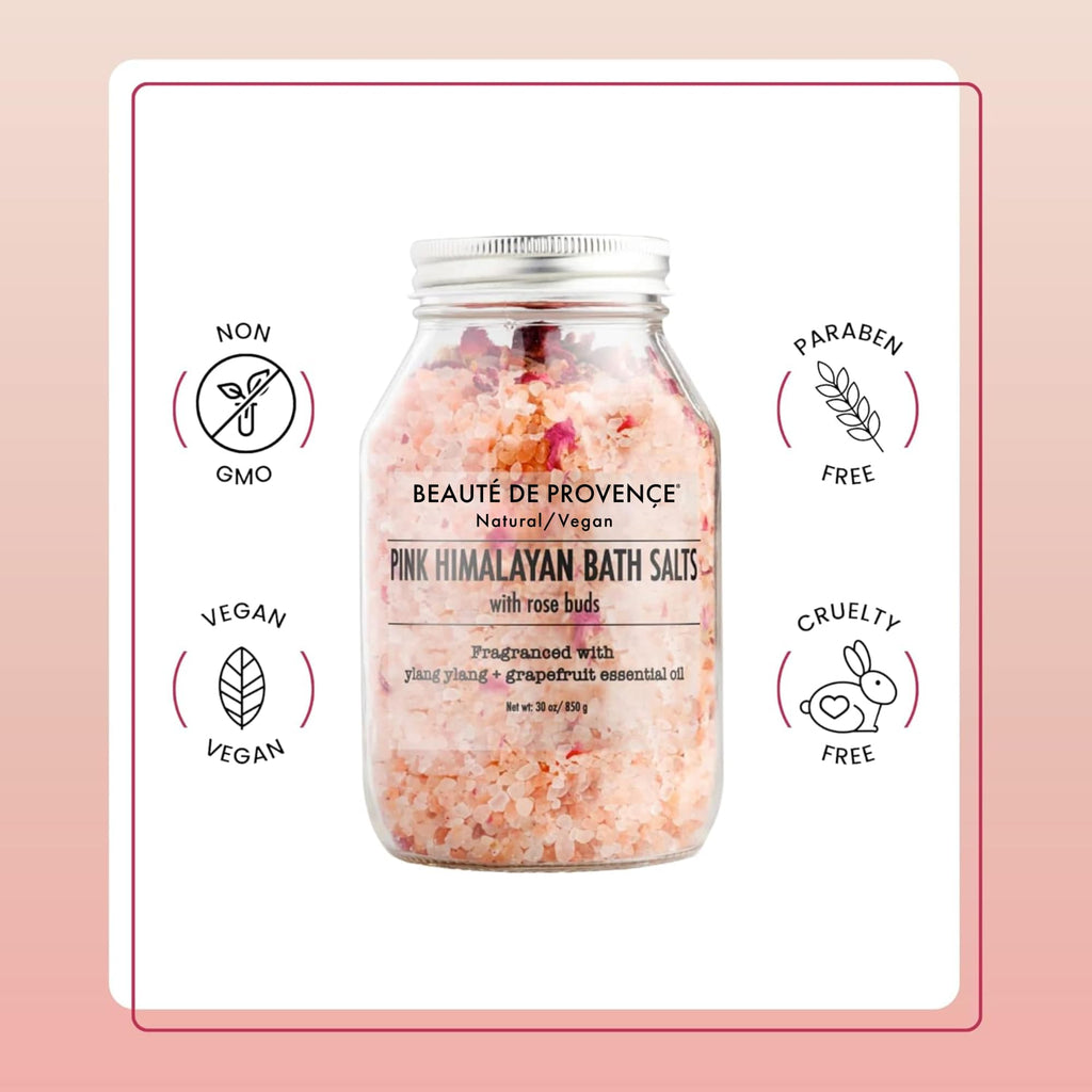 Beaute DE Provence Pink Himalayan Bath Salt with Rose Petals - 100% Natural Aromatherapy & Relaxation - Ylang Grapefruit Essential Oil Bath Salts for Women - Cruelty-Free, Revitalize & Soothes Skin