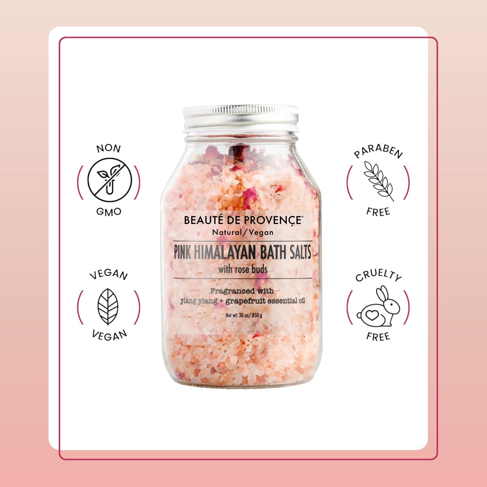 Beaute DE Provence Pink Himalayan Bath Salt with Rose Petals - 100% Natural Aromatherapy & Relaxation - Ylang Grapefruit Essential Oil Bath Salts for Women - Cruelty-Free, Revitalize & Soothes Skin