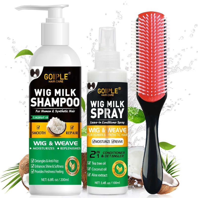 Wig Shampoo for Synthetic Wigs & Wig Milk Spray for Synthetic Hair, Detangle and Anti-Frizz, Hydrates & Moisturizes Synthetic Wig Shampoo, Conditioner＆Detangler 2 in 1 Moisturize Spray Detangler Brush