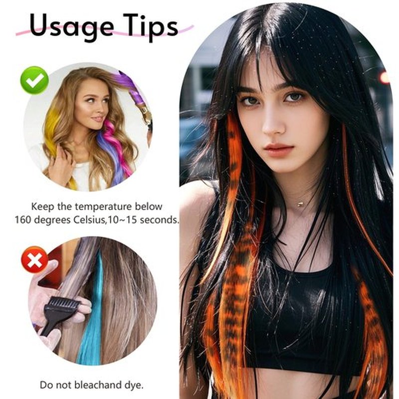 EXTACIO 10pcs/pack Scene Hair Extensions Synthetic Clip in Leopard print Hair piece 18inch Long Straight Colorful striped Hairpieces Halloween Party Cosplay Y2K Use for Women