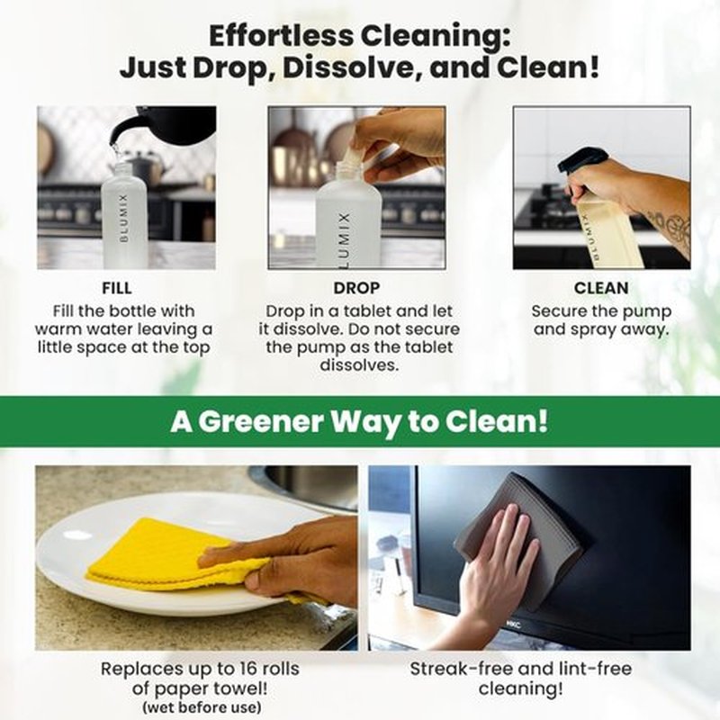 Eco-Friendly Multi-Surface Cleaner Refill Starter Set - 4 Count + Spray Bottle | Biodegradable & Plastic-Free All-Purpose Cleaning Solution