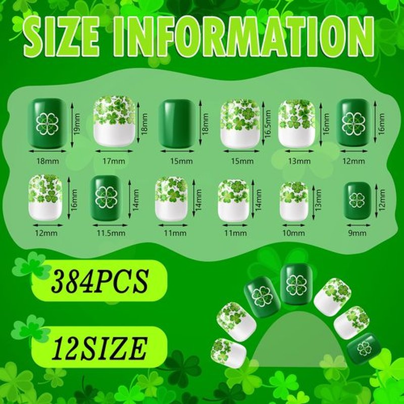 384 Pieces 16 Pack St Patrick's Day Press on Nails Short Fake Nails Green Square False Nails Shamrock Acrylic Artificial Nails Short Length Full Cover Coffin for Women Girls