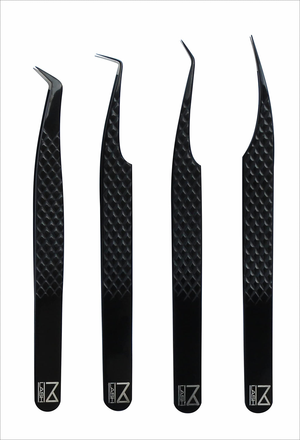 M LASH tweezers for Eyelash Extension (Set of 4) - Professional & Precision Eyelash tweezers - Japanese Steel, Diamond Grip, Fiber Tip V3 lash applicator tool (Black)