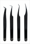 M LASH tweezers for Eyelash Extension (Set of 4) - Professional & Precision Eyelash tweezers - Japanese Steel, Diamond Grip, Fiber Tip V3 lash applicator tool (Black)