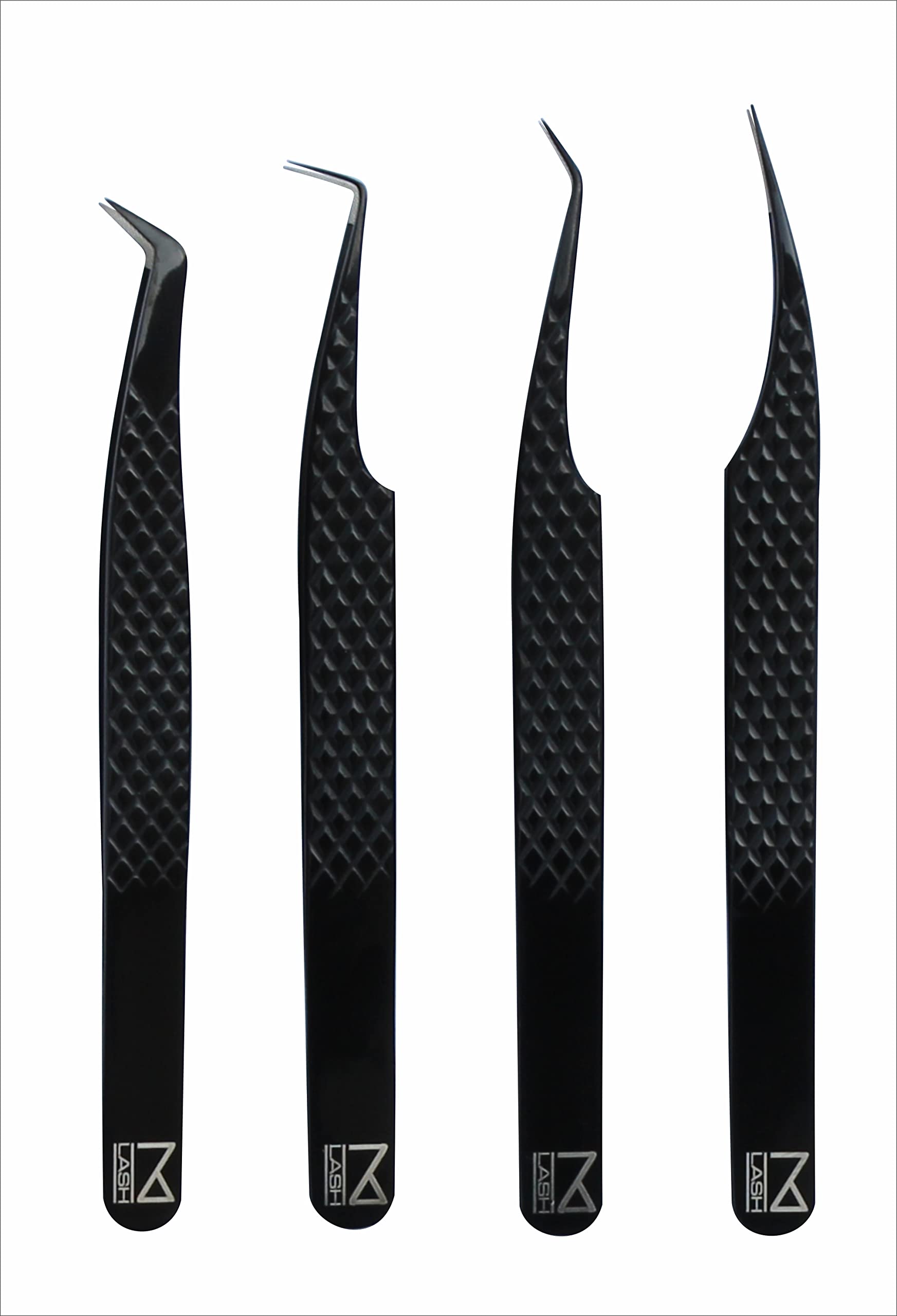 M LASH tweezers for Eyelash Extension (Set of 4) - Professional & Precision Eyelash tweezers - Japanese Steel, Diamond Grip, Fiber Tip V3 lash applicator tool (Black)