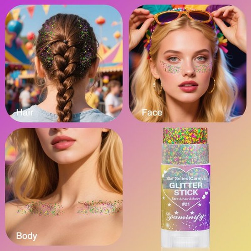Paminify Mardi Gras Hair Face Glitter Stick,Mardi Gras Outfit for Women,Purple Green Gold Body Glitter Makeup,Festival Costume Carnival Accessories Singer Concerts Chunky Glitter Makeup