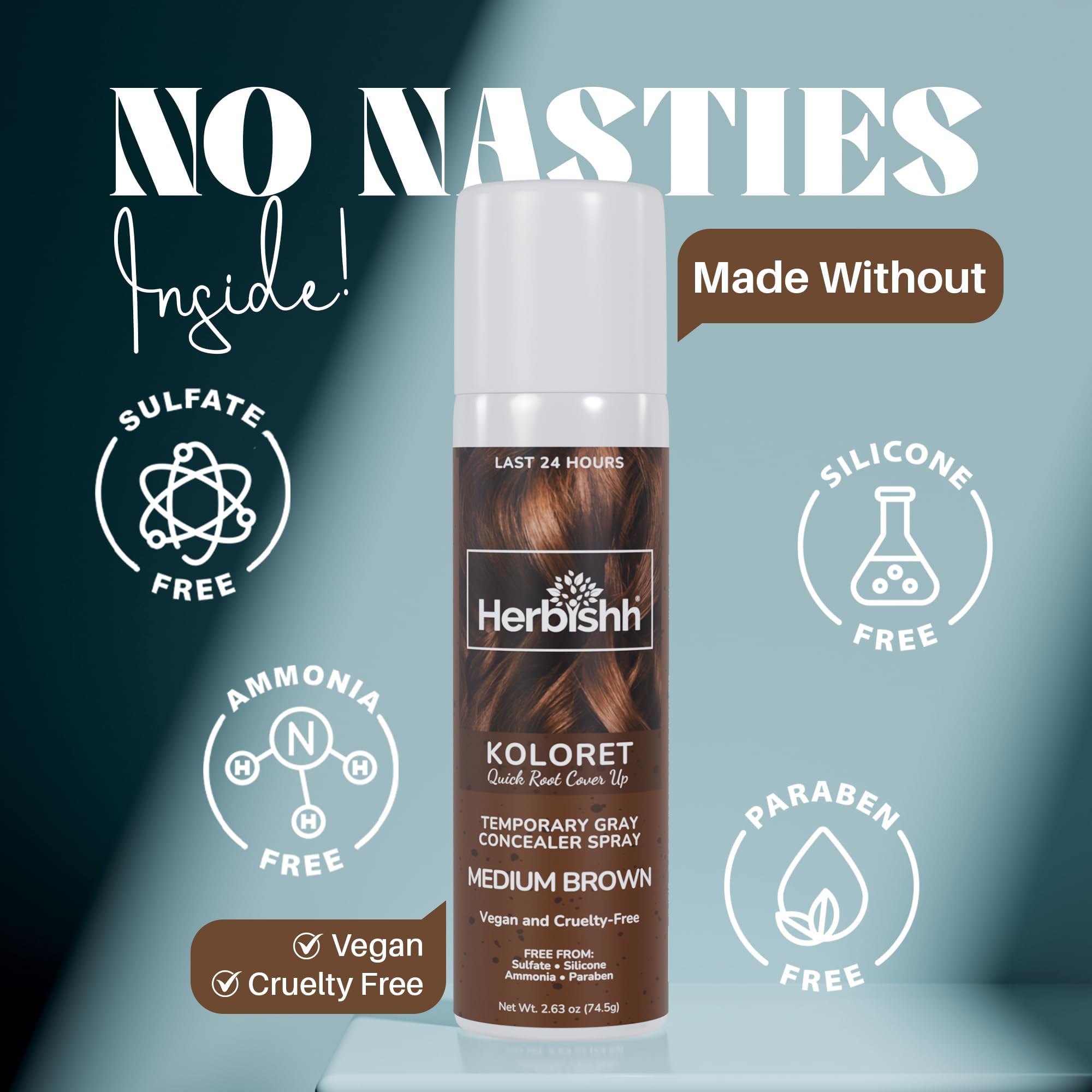Herbishh Koloret Quick Root Touch Up Hair Color Spray Medium Brown (74.5g), Instant Gray & Medium Brown Root Cover Up, Temporary Hair Color Spray, Lightweight Non-Sticky Dye Mist, Travel Aerosol