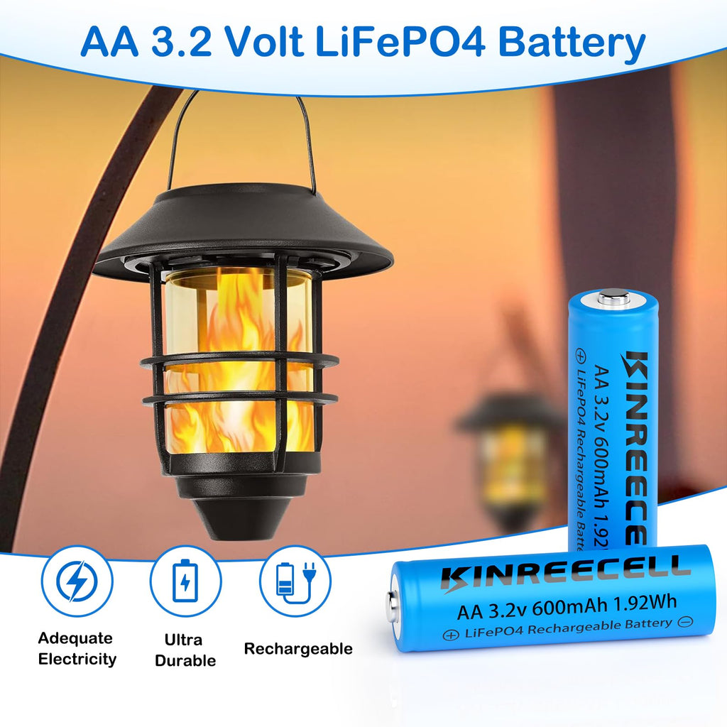 KINREECELL AA 3.2v 600mAh Battery, LiFePo4 Double A Battery with Low self-Discharge, 3.2v Batteries for Solar Lights, Wall Lanterns, Solar Post Lights（4 Pack）