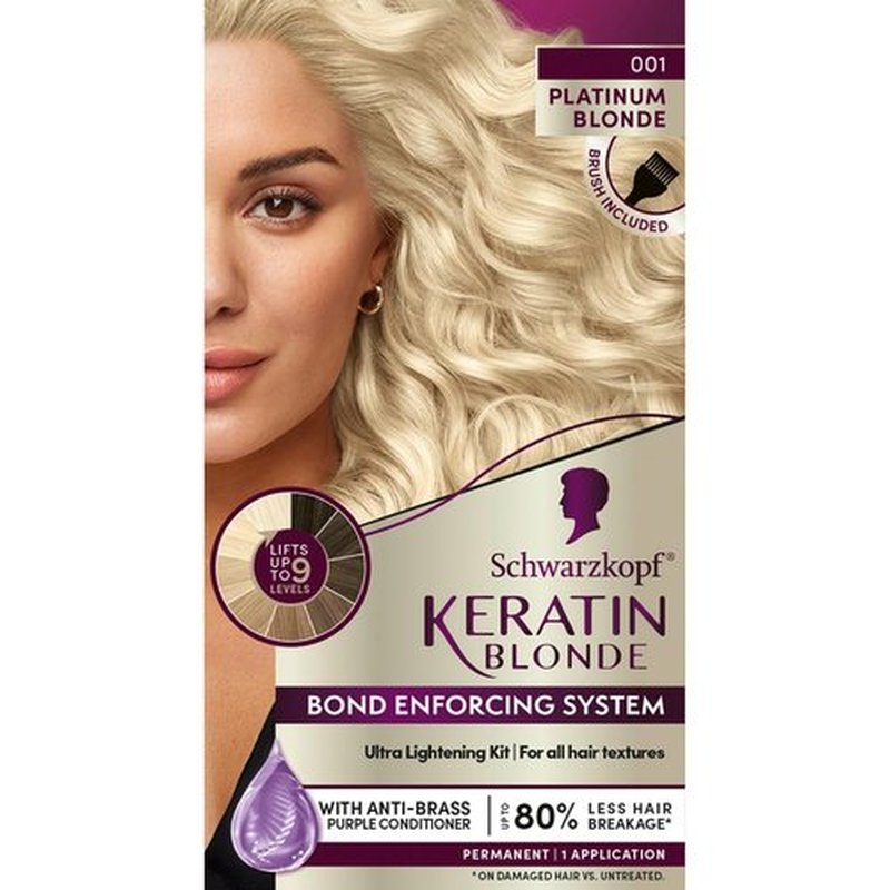 Schwarzkopf Keratin Blonde Hair Dye - 001 High Lift Platinum Blonde | Professional Permanent Color with Bond Enforcing System & Conditioner