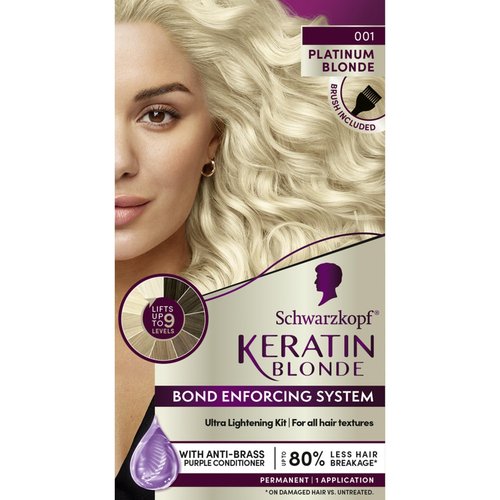 Schwarzkopf Keratin Blonde Hair Dye, 001 High Lift Platinum Blonde, Professional Quality Permanent Hair Color, Bond Enforcing System, Pre-Color Serum & Purple Conditioner Included
