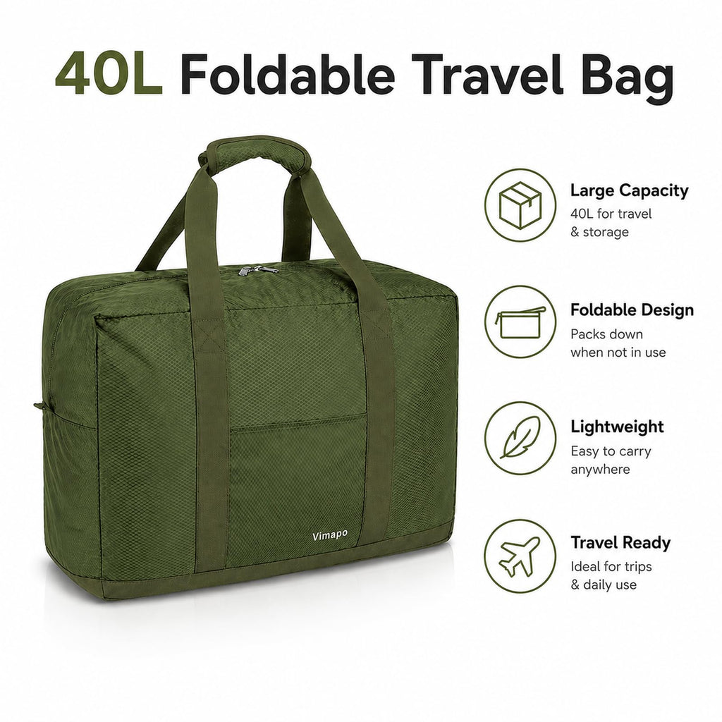 Vimapo Foldable Travel Duffle Bag with Trolley Sleeve 40L Capacity, Lightweight Packable Travel Duffel Bags with the Keyhole Zipper, Weekender Overnight Nylon Carry on Bag for Men & Women, Army Green