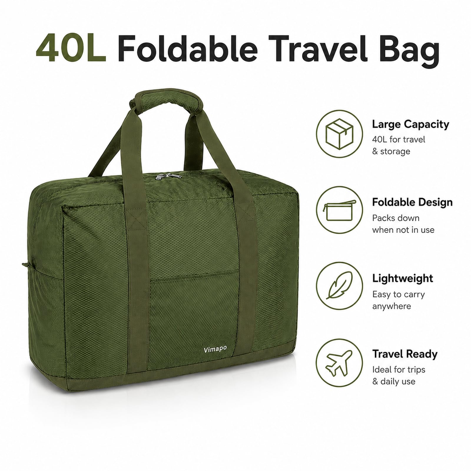 Vimapo Foldable Travel Duffle Bag with Trolley Sleeve 40L Capacity, Lightweight Packable Travel Duffel Bags with the Keyhole Zipper, Weekender Overnight Nylon Carry on Bag for Men & Women, Army Green