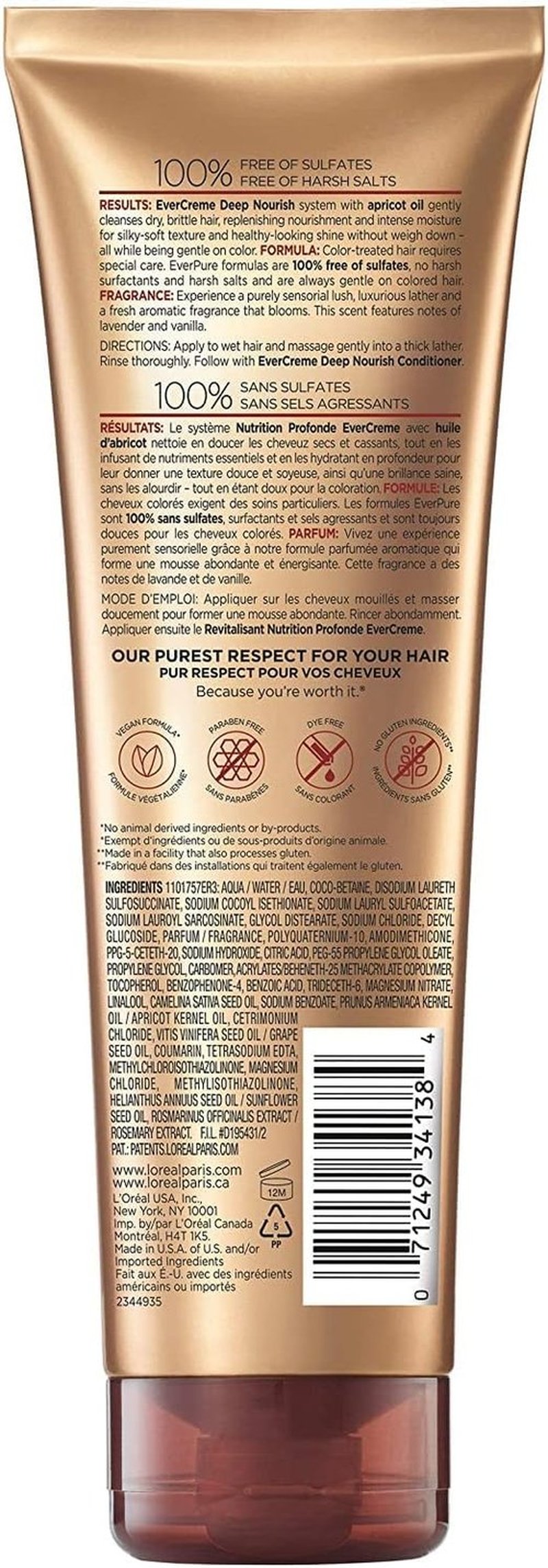 L'Oreal Paris EverCreme Sulfate-Free Deep Nourish Shampoo - 8.5 Oz | Pack of 2 for Healthy Hair
