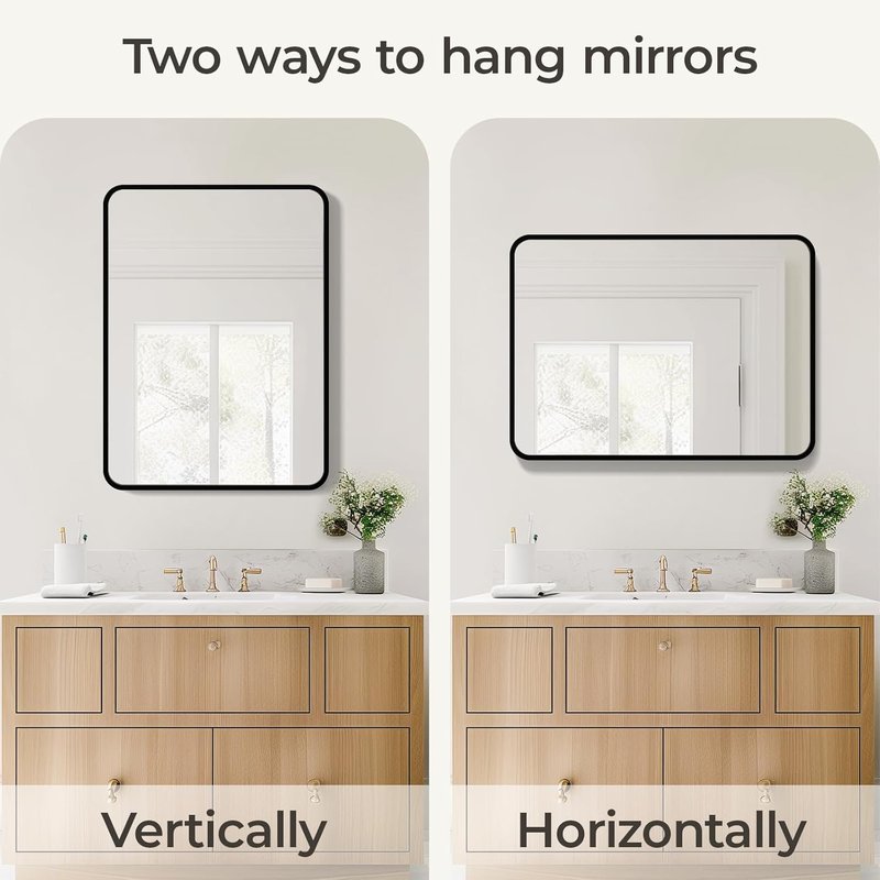 USHOWER Black Bathroom Mirror - 22 x 30 Inch Matte Black Rectangle Wall Mirror with Rounded Metal Frame