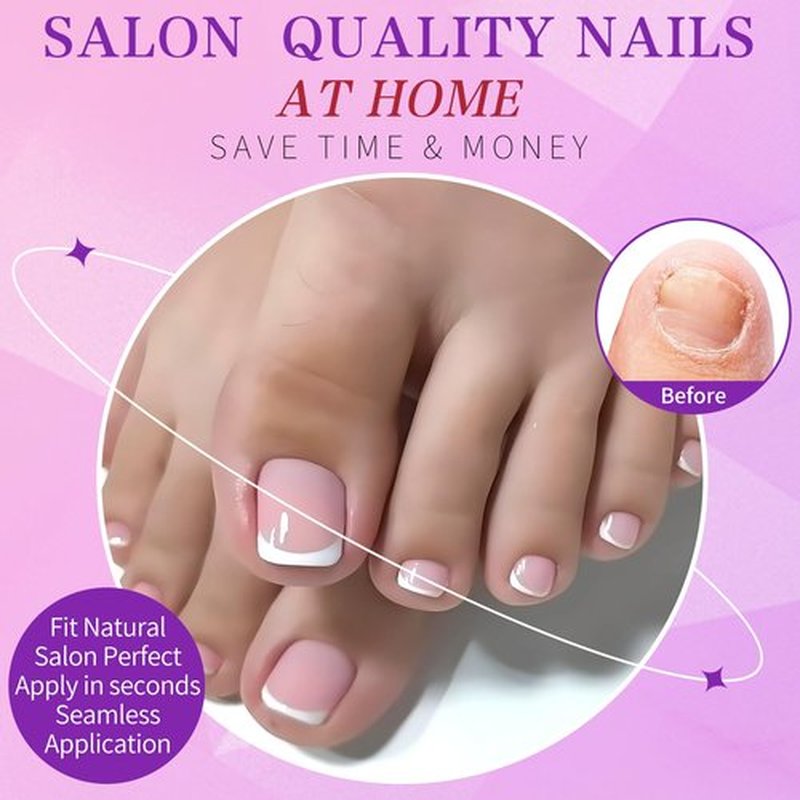 LoveOurHome 168pc French Tips Press on Toenails Women Fake Toe Nail with Glue Tab, Light Pink Acrylic Toe Nails Press ons Pedicure French Glue on Toenail Press-ons Nail Toes Tips False Nails for Feet