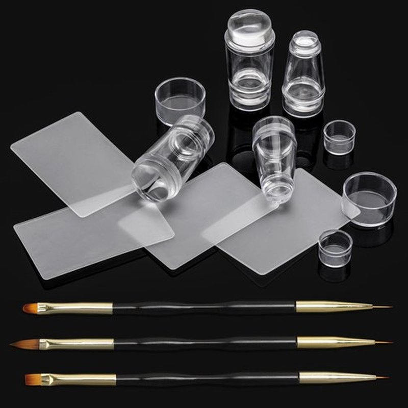 11 Pcs Nail Art Stamper Kit - 4Pcs Double Sided French Tip Nail Stamps with 4Pcs Nail Scrapers, 3Pcs Double-ended Nail Art Liner Brushes