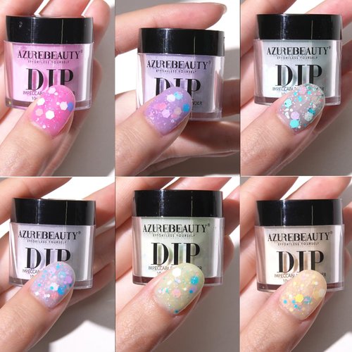 AZUREBEAUTY Dip Powder Nail Set, 6 Colors Spring Pink Purple Green Glitter Cheese Colors Natural Dipping Powder Starter Spring Kit, French Nail Art Manicure DIY Salon, No Need Nail Lamp Cured