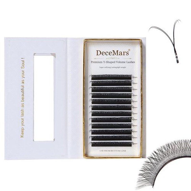 DeceMars Two Tip YY Eyelash Extensions Supplies D Curl 0.07mm Thickness 12mm Soft Lash Trays Premade 4D Easy Fan Y Shaped Volume Clusters Wispy Eye Lashes Black (YY,0.07-D-12mm)