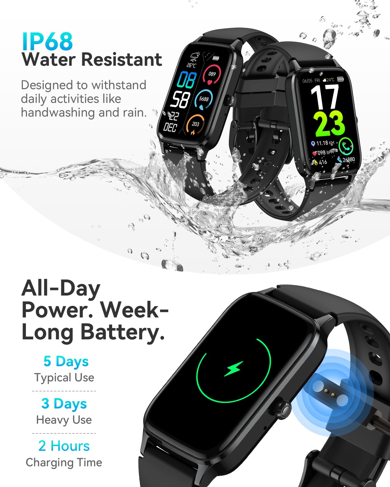 ChronArk Fitness Tracker for Women Men, Activity Smart Watch Compatible with Android iPhone, Step Counter with 110+ Sports, Sleep Monitor, Calorie Counter, IP68 Waterproof (Black, 1.57)