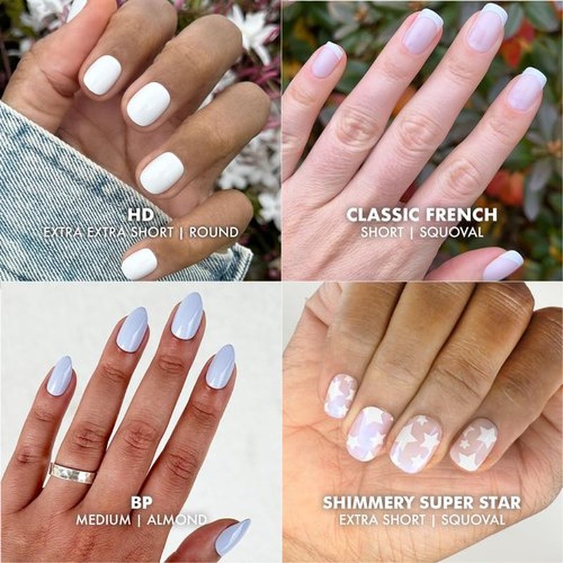 Olive & June Press-On Nail Bestsellers Kit - 4 Realistic Sets in HD Crisp White, Classic French, Shimmery Super Star & BP Icy Blue | Non-Damaging Glue, Up to 14-Day Wear
