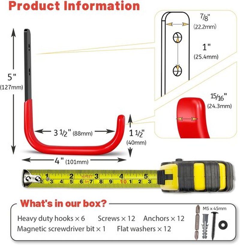 Skiennix 4-Inch Heavy Duty Garage Hooks - 6 Pack Wall Mount Tool Organizers | Holds Up to 55lbs