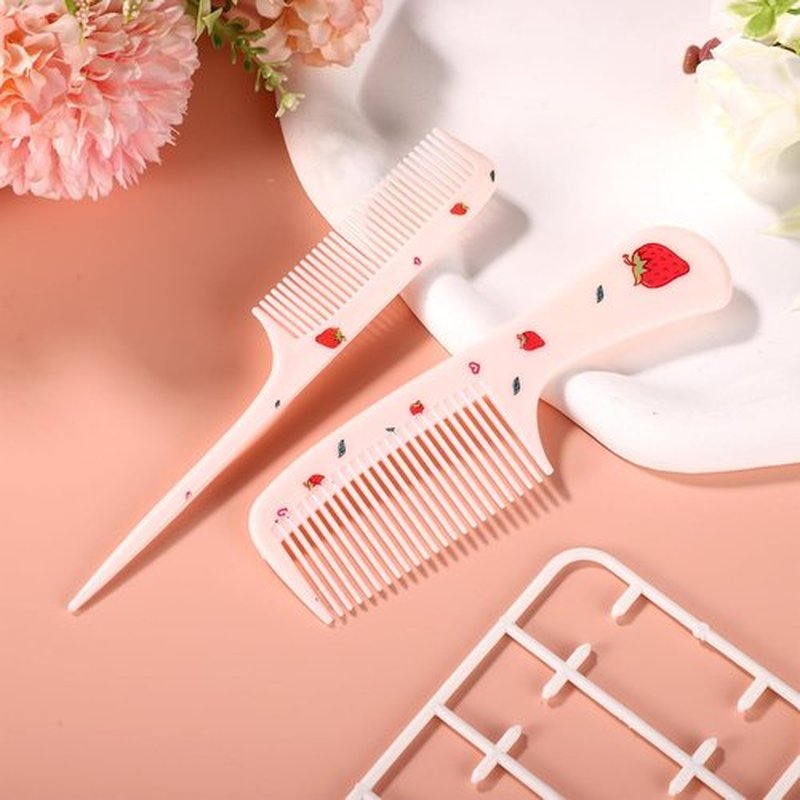 Skiennix Cute Hair Comb Set - Pink Strawberry Fine Tooth & Rat Tail Combs for Kids and Toddlers