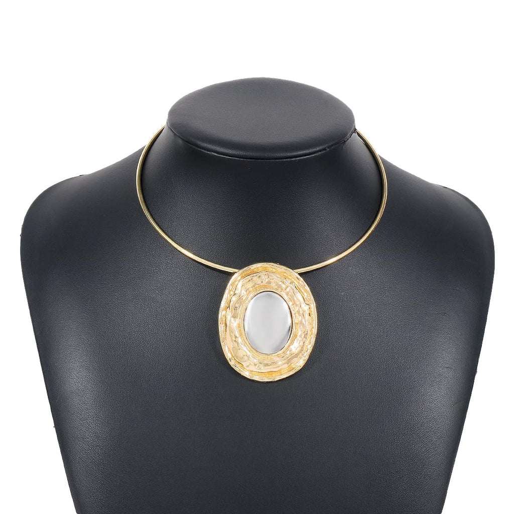Fashion Chunky Statement Necklaces - African Choker Necklace with Gold Oval Pendant,Tribal Collar Necklace Hammered Metal Jewelry for Women (Gold)