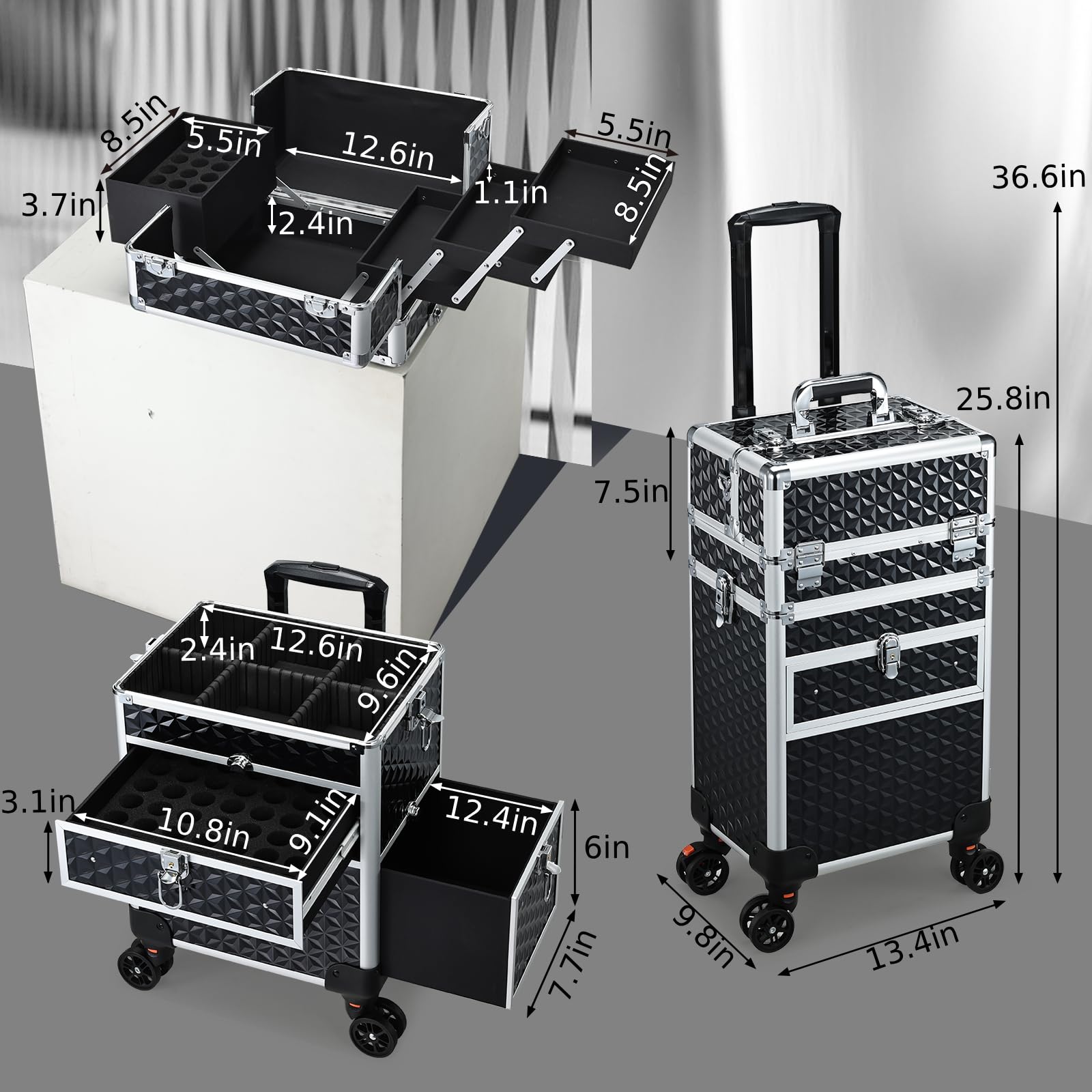 Joligrace Rolling Makeup Case with Drawers - Tattoo Storage Organizer Travel Cart for Nail Tech, Cosmetology, Barber Tools - Portable Suitcase on Wheels