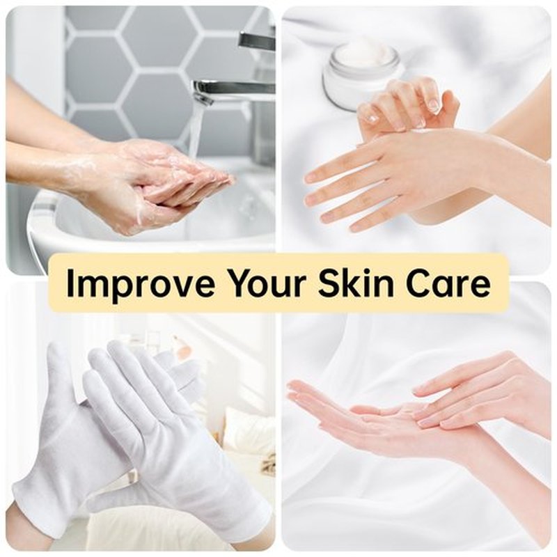 HandLove Premium 100% Cotton Gloves | Moisturizing Gloves for Dry Hands | Overnight Sleeping & Eczema | White Floral Dots, 12 Pairs