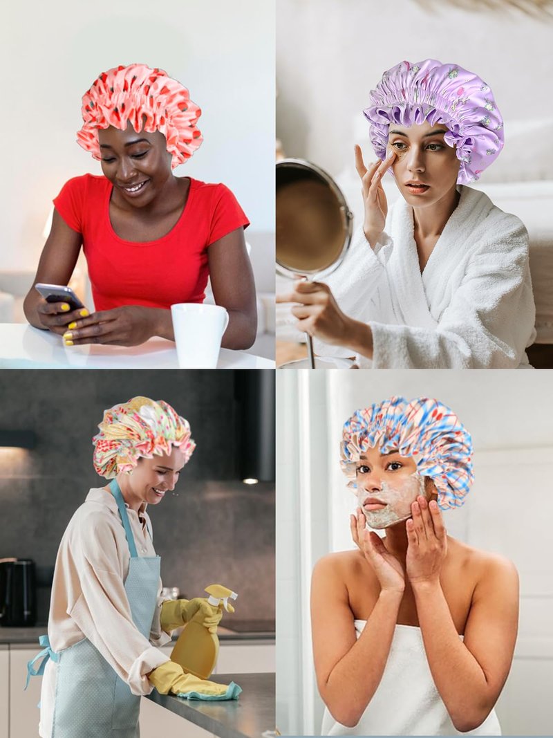 Vettres Floral Satin Bonnet with Scrunchie Set,Double Layer Ruffle Reusable Sleeping Shower Cap for Curly Hair Blue-cherry