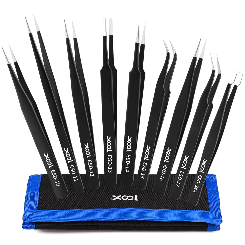XOOL 9 PCS ESD Precision Tweezers Set, Anti-Static Stainless Steel Tweezers Kit for Electronics, Soldering, Craft, Jewelry, Model Building