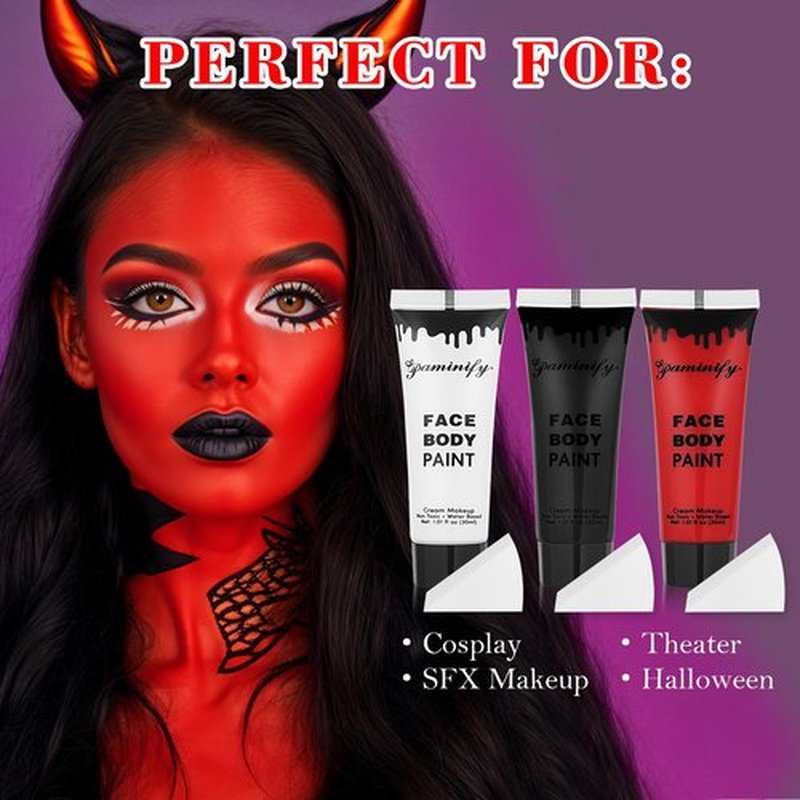 Paminify Black White Red Face Body Paint 1.01 oz/pc with 3 Sponges,Water Based Face Paint Kit for Clown Joker Devil Vampire Skeleton Cosplay Makeup,Halloween SFX Makeup Cream Face Painting,3.03 oz