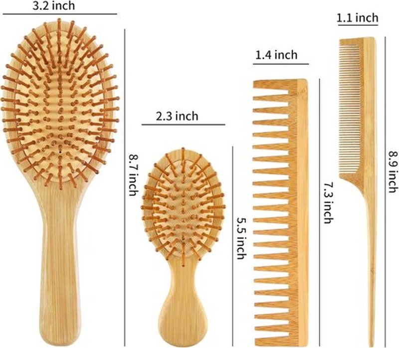 4PCS Bamboo Hair Brush Set – Eco-Friendly Paddle Brush, Wide-Tooth Comb & Tail Comb – Detangling, Scalp Massage, Reduces Frizz, Promotes Hair Growth