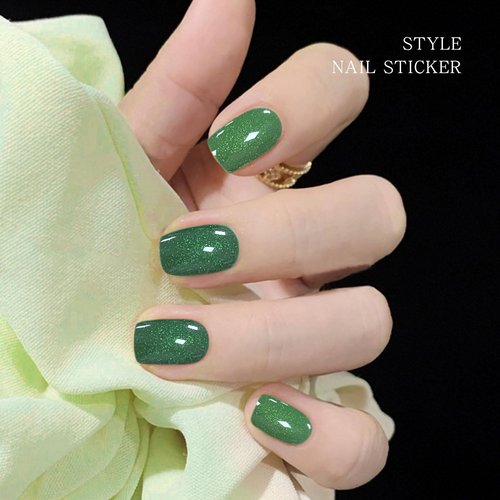 JMEOWIO Semi Cured Gel Nail Strips Green Cat Eye Gel Nail Stickers Nails Art Design Decoration Accessories