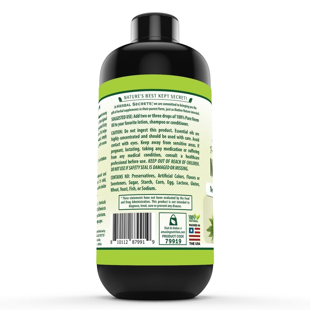 Herbal Secrets Neem Oil | 16 Fl Oz (473 ml) | Pure & Cold Pressed | Therapeutic Grade Premium Herbal Supplement | Non-GMO | Gluten Free | Made in USA