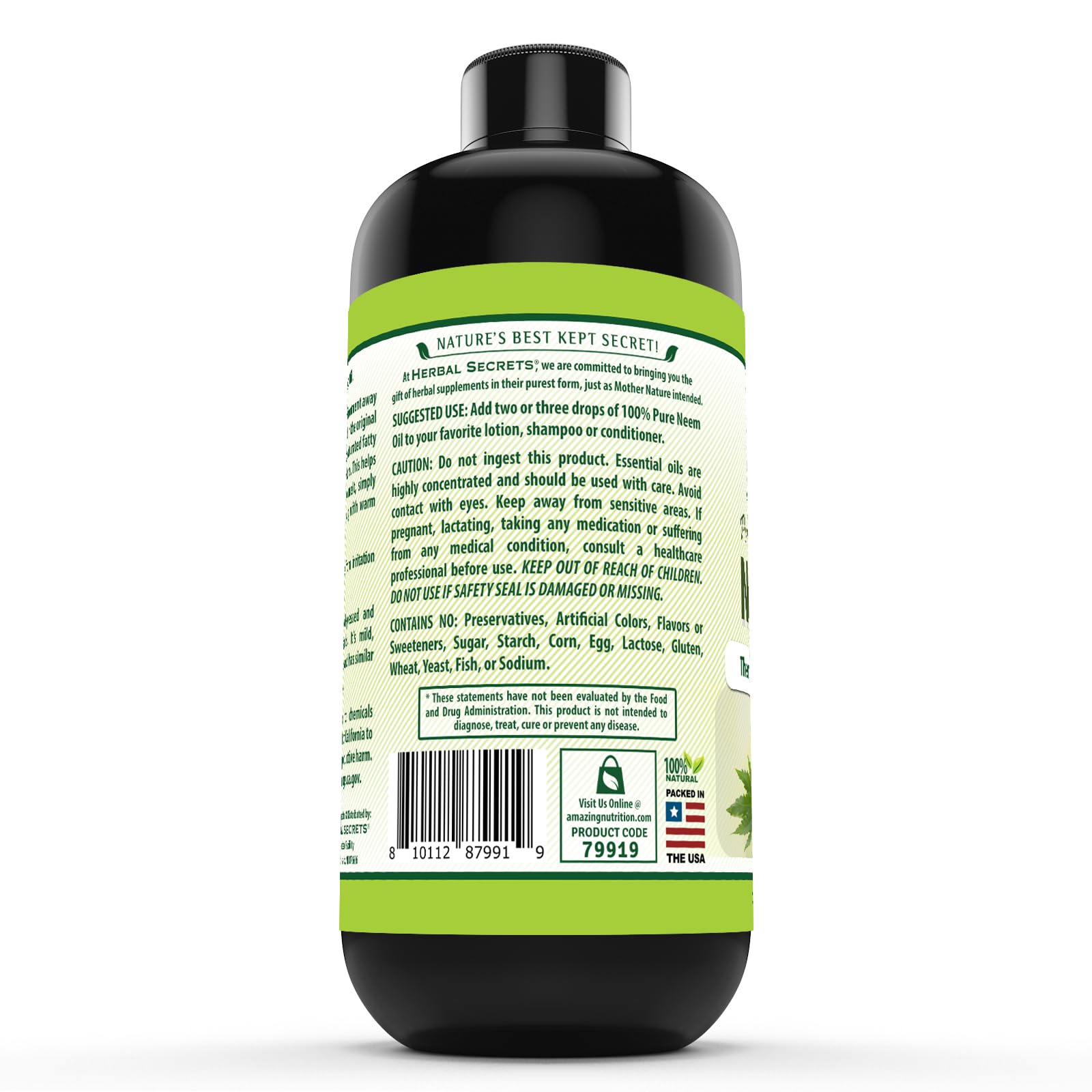 Herbal Secrets Neem Oil | 16 Fl Oz (473 ml) | Pure & Cold Pressed | Therapeutic Grade Premium Herbal Supplement | Non-GMO | Gluten Free | Made in USA