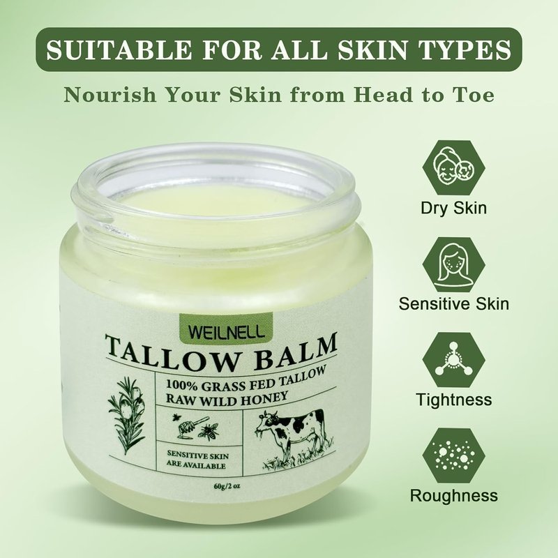 WEILNELL Beef Tallow and Honey Balm for Skin - All-Natural Moisturizer Hydrates and Nourishes the Skin, Grass-Fed Beef Tallow & Honey Balm Blend, Deeply Moisturizing for Face & Body Natural Skin Care
