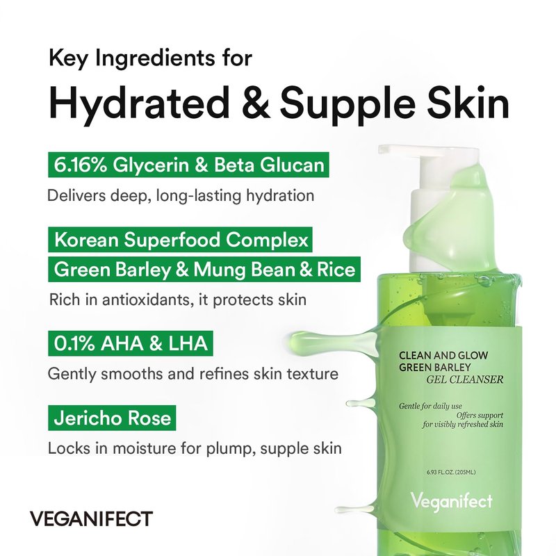 VEGANIFECT Hydrating Gel Face Wash, Citric Acid + LHA + Glycerin + Beta Glucan, Gentle Cleanser, Oil Free, Sensitive Skin, Dehydrated Skin, Korean Skin Care, Big Size (205ml/6.93 fl oz)